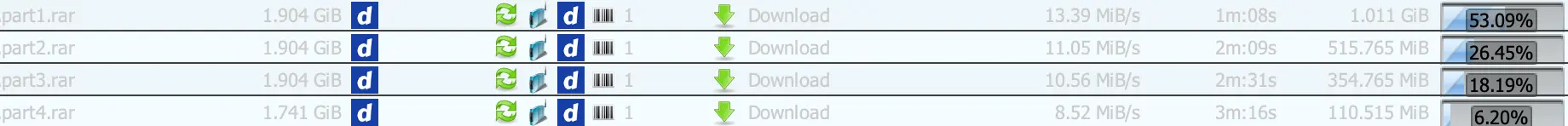 Four DDownload Premium parts running in JDownloader 2